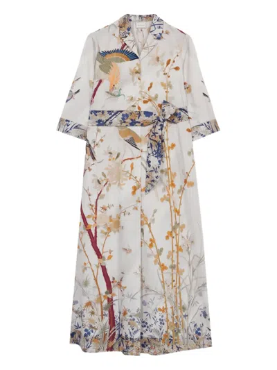 Pierre-louis Mascia Diomedes Bird-print Belted Shirt Dress In Multi