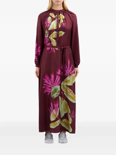 Pierre-louis Mascia Floral-print Organic Silk Maxi Shirtdress In Burgundy