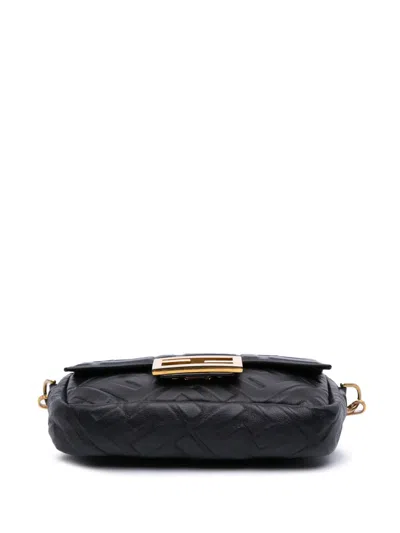 Pre-owned Fendi 2010-2025 Mini Zucca Embossed Leather Baguette Satchel