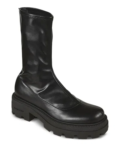 Sergio Rossi Chunky Sole Leather Mid-calf Round Toe Booties In Black