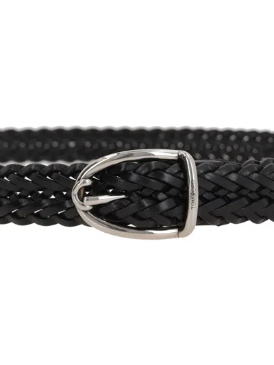 Tom Ford Angled Buckle Woven Leather Belt In Black