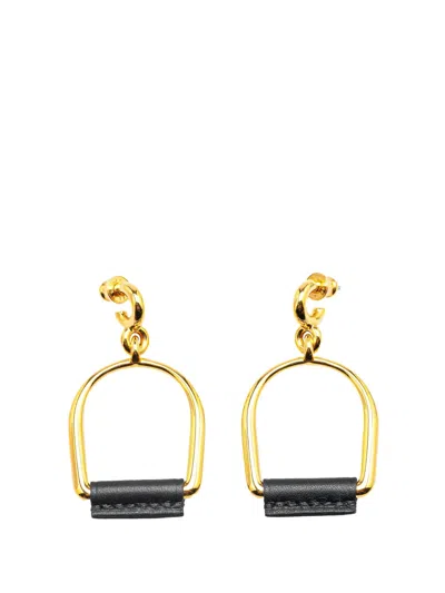Pre-owned Hermes 2010-2025 Large Gold Plated Heritage Equestre Etrier Push Back Earrings Costume Earrings