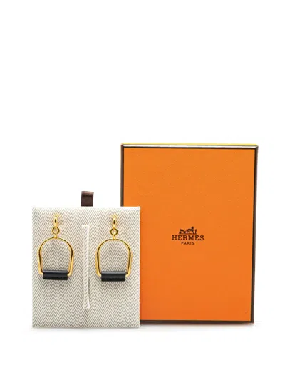 Pre-owned Hermes 2010-2025 Large Gold Plated Heritage Equestre Etrier Push Back Earrings Costume Earrings