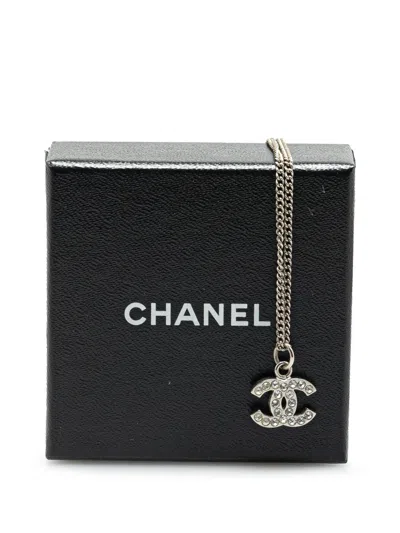 Pre-owned Chanel 2009 Palladium Plated Rhinestone Cc Pendant Necklace Costume Necklace