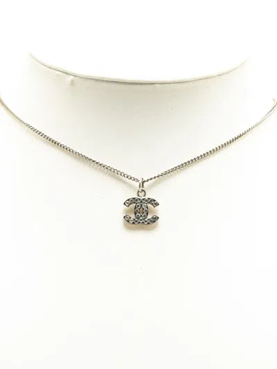 Pre-owned Chanel 2009 Palladium Plated Rhinestone Cc Pendant Necklace Costume Necklace