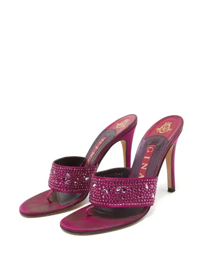 Pre-owned Gina Crystal-strap Satin Slides