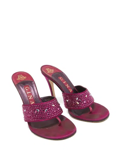 Pre-owned Gina Crystal-strap Satin Slides