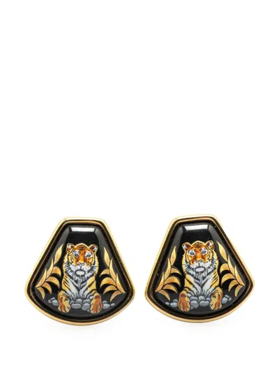 Pre-owned Hermes 20th Century Royal Tiger Cloisonne Enamel Clip On Earrings Costume Earrings