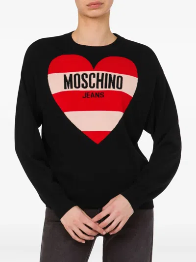 Moschino Heart Graphic Knit Sweater With Crew Neckline In Black