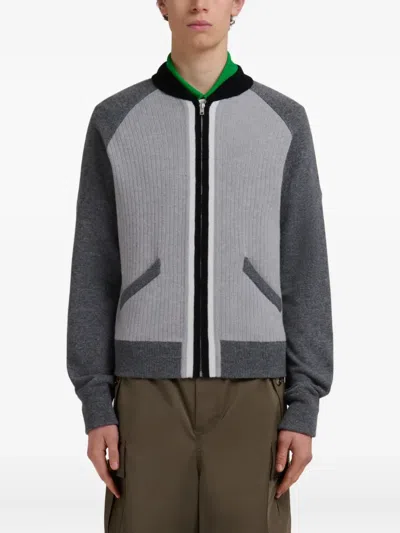 Marni Grey Wool Cardigan With Bomber Neck In Gray