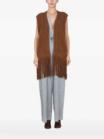 Alysi Fringe-hem Sleeveless Vest In Brown