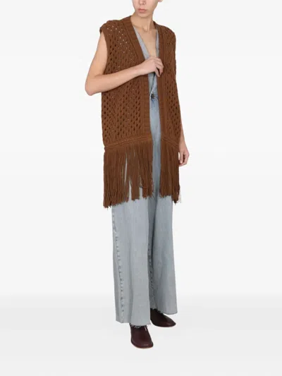 Alysi Fringe-hem Sleeveless Vest In Brown