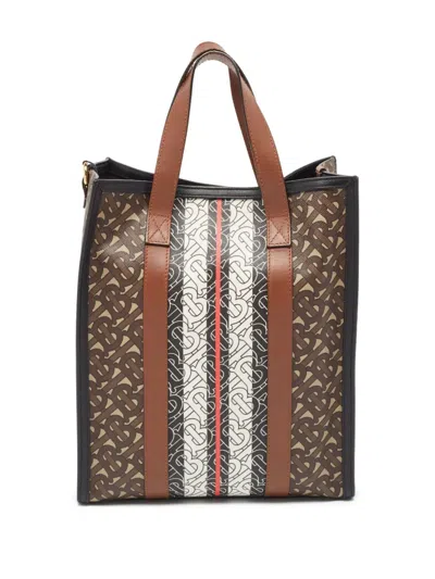 Pre-owned Burberry Monogram Stripe E-canvas Tote Bag In Brown