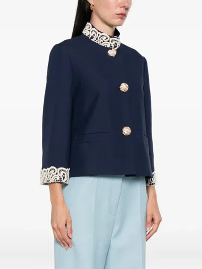 Valentino Lace-insert Virgin Wool Jacket In Blue