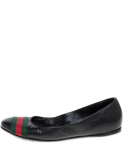 Pre-owned Gucci Web-stripe Leather Ballet Flats In Black