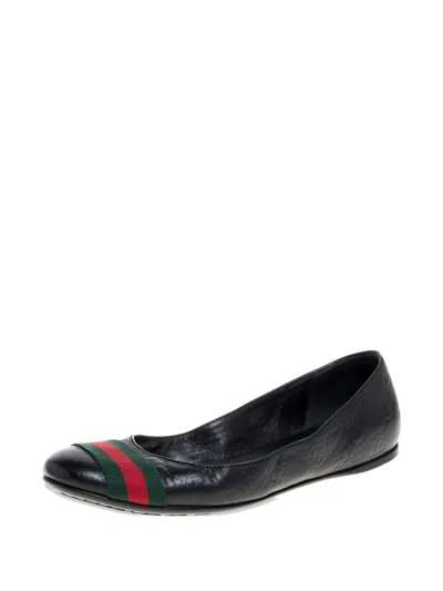 Pre-owned Gucci Web-stripe Leather Ballet Flats In Black