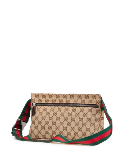 Pre-owned Gucci 2000-2015 Gg Canvas Web Double Pocket Belt Bag In Brown