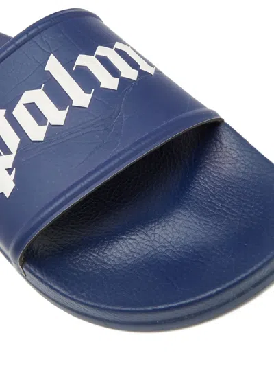 Pre-owned Palm Angels Logo-print Leather Slides In Blue
