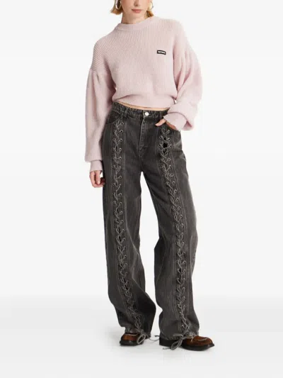 Rotate Birger Christensen Black Organic Cotton Wide Leg Pants With Lace