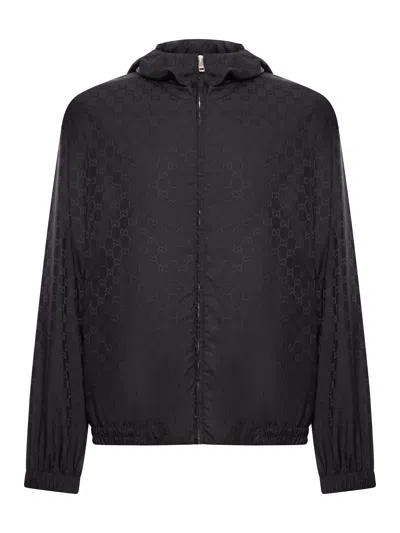 Gucci Men Gg Jacquard Nylon Zip-up Jacket In Black