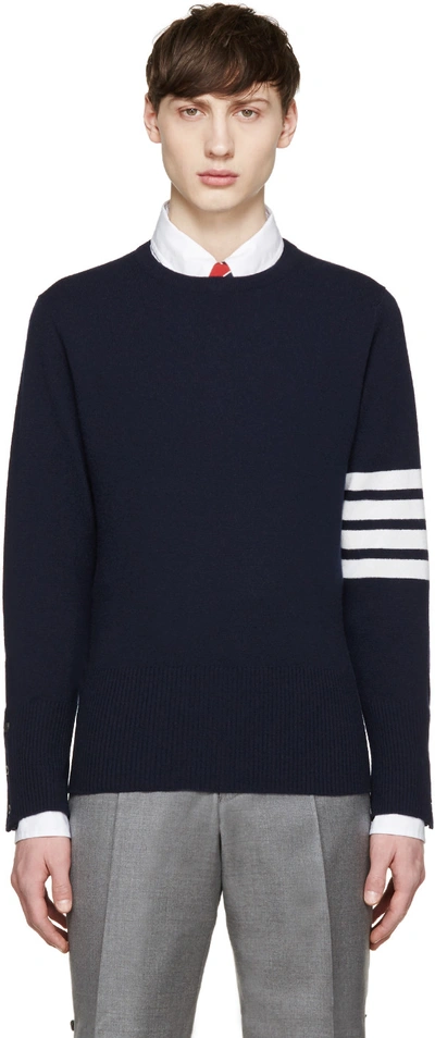 Shop Thom Browne Navy Cashmere Striped Armband Pullover