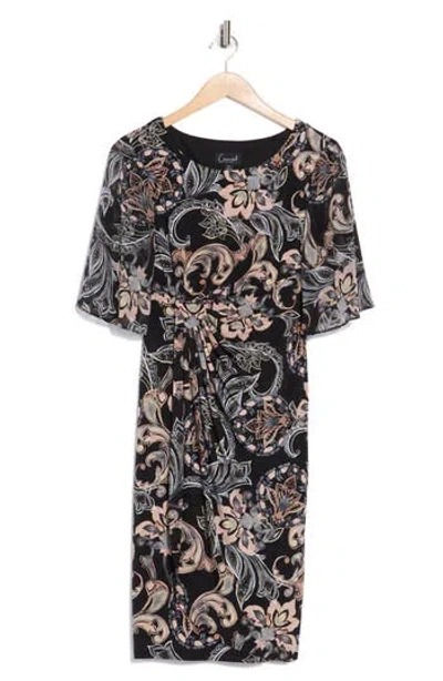 Connected Apparel Floral Flutter Sleeve Faux Wrap Dress In Multi