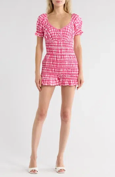 Asos Design Puff Sleeve Smocked Playsuit Romper In Pink