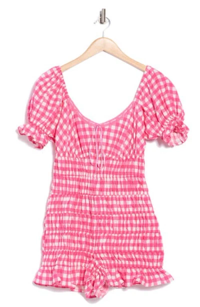 Asos Design Puff Sleeve Smocked Playsuit Romper In Pink