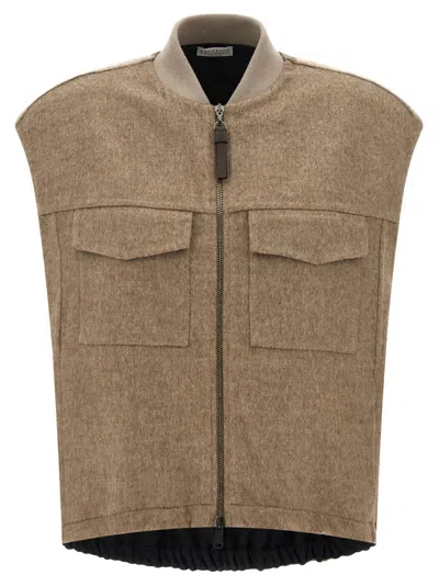 Brunello Cucinelli Shiny Zipper Pull Gilet Beige