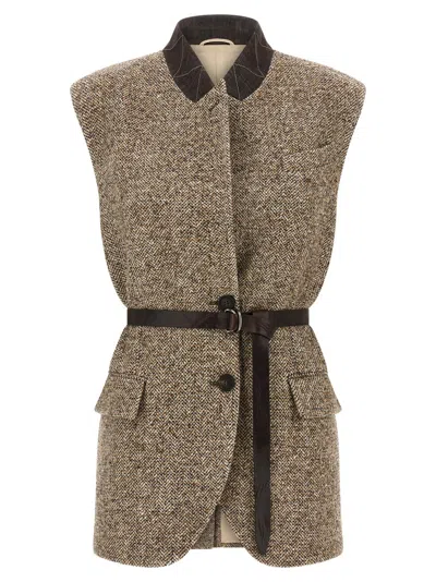 Brunello Cucinelli Waist Belted Lapel Sleeveless Textured Jacket
