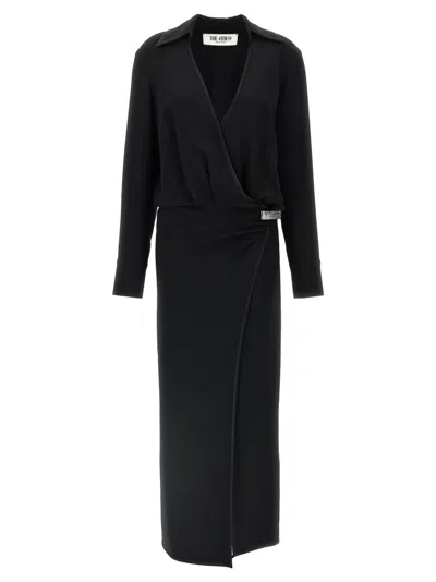Attico V-neck Slit Midi Dress With Satin Piping In Black