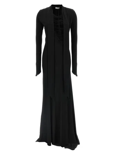 Attico Asymmetrical V-neck Dress With Flared Train In Black