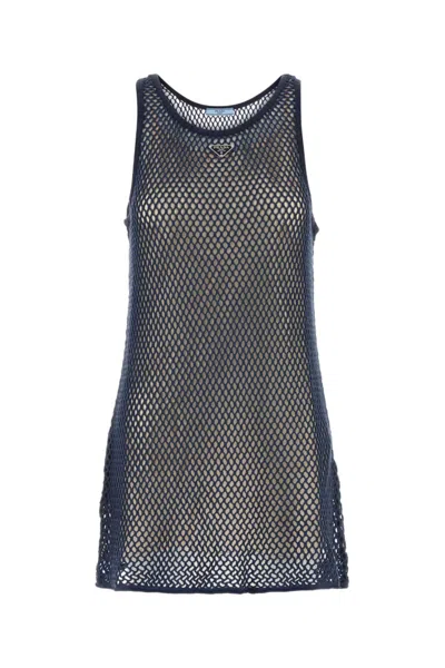 Prada Navy Blue Mesh Mini Dress In Blue