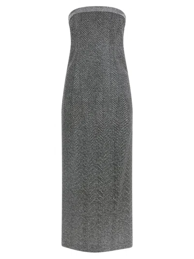 Ermanno Scervino Rhinestone-embellished Midi Dress With Herringbone Pattern In Gray