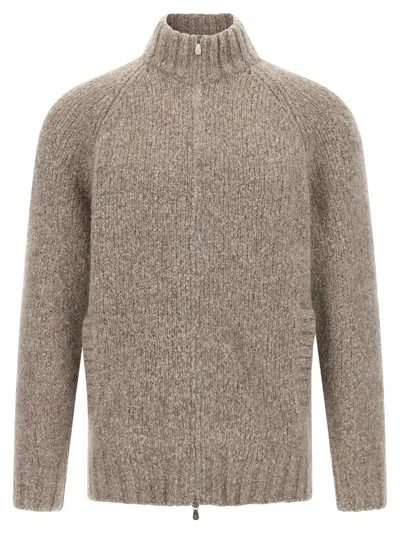 Brunello Cucinelli Alpaca Wool Cardigan With Ribbed Cuffs In Brown