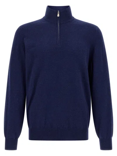 Brunello Cucinelli Half-zip High Collar Sweater In Blue