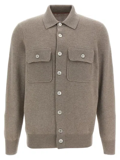 Brunello Cucinelli Cashmere Collared Design Cardigan In Neutral