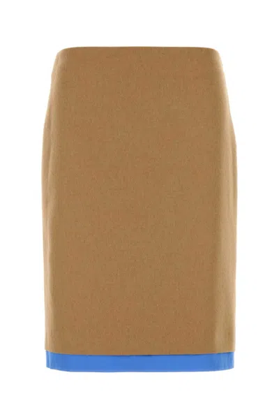 Miu Miu Camel Skirt With Back Slit And Contrasting Hem In Brown
