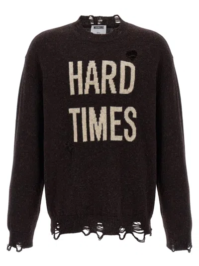 Moschino Distressed Ribbed Sweater With Cuffs And Hem In Brown