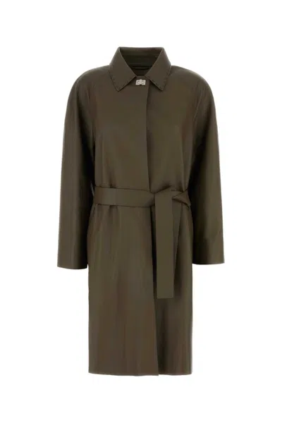 Fendi Leather Trench Coat With Belt And Collar In Green