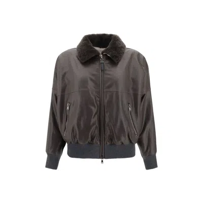 Brunello Cucinelli Shearling Collar Leather Jacket Women In Brown