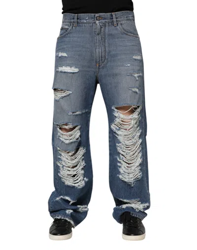 Dolce & Gabbana Blue Tattered Cotton Logo Plaque Denim Jeans In Blue