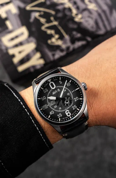 Avi-8 Spitfire Type 300 Automatic Ve-day 80th Anniversary Limited Edition Leather Strap Watch, 41mm In Black