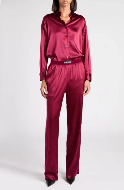 Tom Ford Relaxed Fit Stretch Silk Satin Blouse In Burgundy