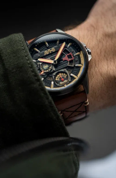 Avi-8 Men's Hawker Harrier Farley Multifunction Brown Leather Strap Watch, 44mm In Brown
