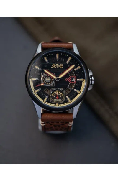 Avi-8 Men's Hawker Harrier Farley Multifunction Brown Leather Strap Watch, 44mm In Brown
