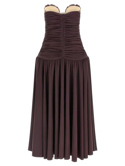Magda Butrym Flared Skirt Lace Trim Ruched Dress In Brown
