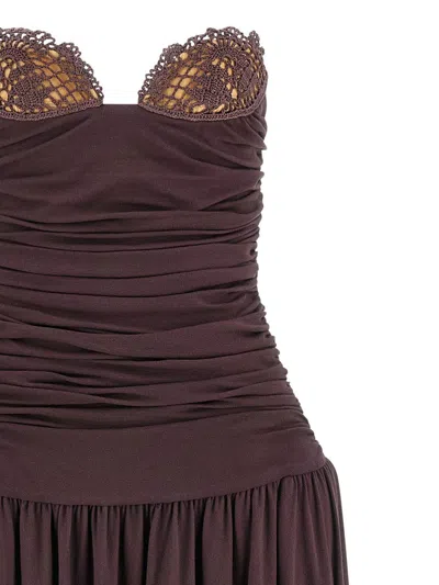Magda Butrym Flared Skirt Lace Trim Ruched Dress In Brown