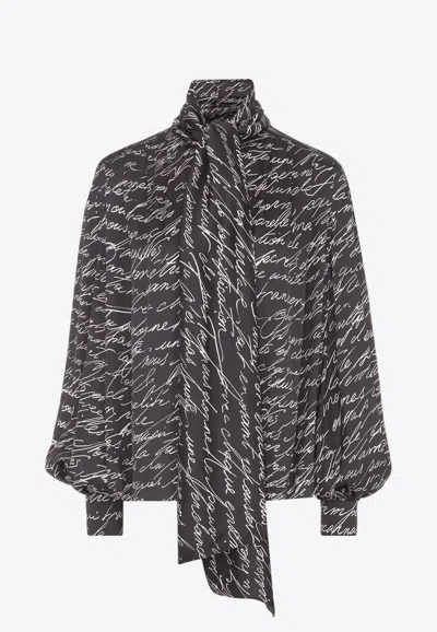 Balmain Love Letter Print Silk Blouse With Bow