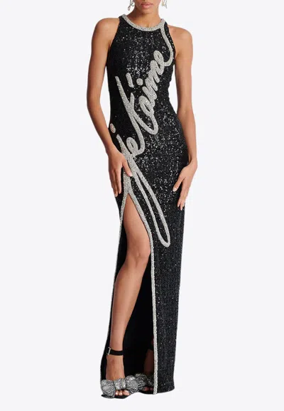 Balmain Love Letter Embroidered Sequined Gown